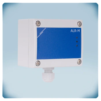Звукова и светлинна аларма за вентилация и отопление в сива кутия със син етикет
