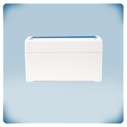 Světle šedý kryt, modrý čelní štítek, kabelová průchodka, kovové dýzy