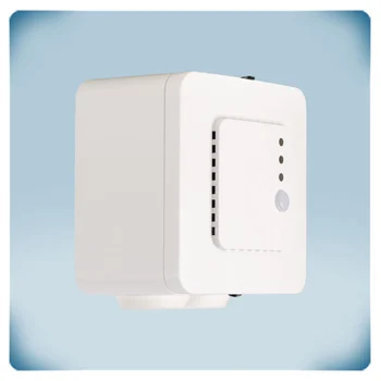 Weißes Gehäuse mit Luftstromausschnitten und LED-Anzeigen Unterputzmontage 230 V CO2 akustischer Alarm