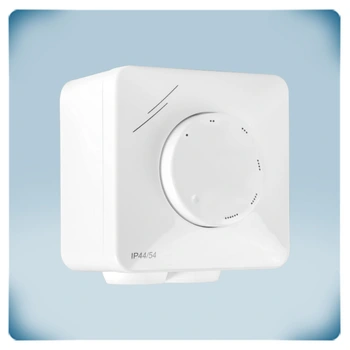 Weißes Kunststoffgehäuse mit Drehknopf und Aufdruck