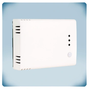 Weißes Gehäuse mit Luftstromausschnitten und LED-Anzeigen Umgebungslichtsensor 24 V Modbus CO2