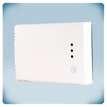 Weißes Gehäuse mit Luftstromausschnitten und LED-Anzeigen Wandtemperatur und relative Feuchte PoM