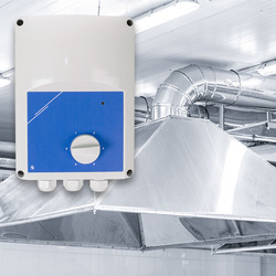 Fan controller in front of a restaurant kitchen hood