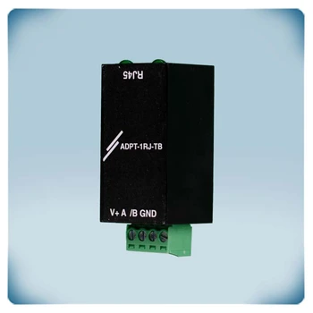 Black plastic enclosure, white print, green terminal block