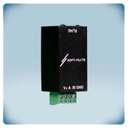 Black plastic enclosure, white print, green terminal block