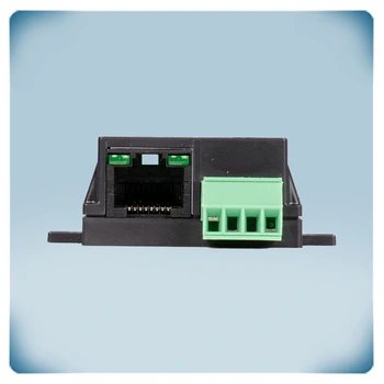 Black plastic enclosure, green terminal block and RJ45 socket with green LEDs