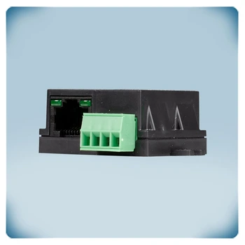 Black plastic enclosure, green terminal block, RJ45 socket with green LEDs
