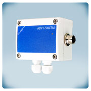 Light grey enclosure with blue front label, two cable glands and M12 connector