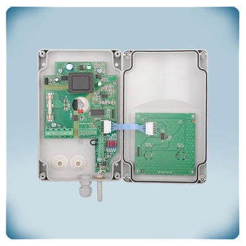 PCB mounted in a light grey plastic enclosure suited for surface mounting