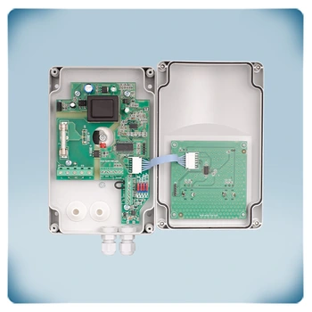 PCB mounted in a light grey plastic enclosure suited for surface mounting