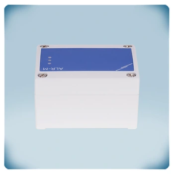 Light grey plastic enclosure with blue front label