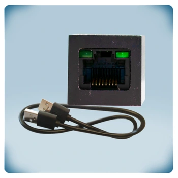 Black enclosure with RJ45 connector, USB-A to USB-A cable