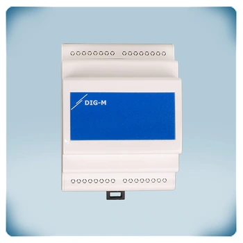 Light grey plastic enclosure DIN rail mounting blue front label