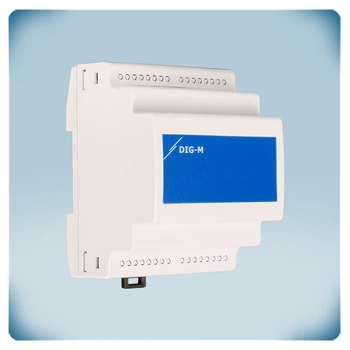 Light grey plastic enclosure DIN rail mounting blue front label