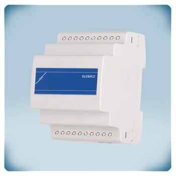 Light grey plastic enclosure DIN rail mounting blue front label