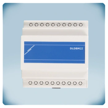 Light grey plastic enclosure DIN rail mounting blue front label