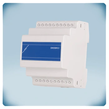 Light grey plastic enclosure DIN rail mounting blue front label