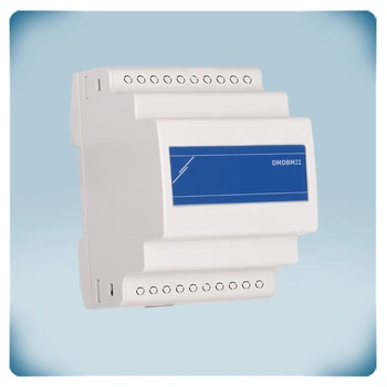 Light grey plastic enclosure DIN rail mounting blue front label