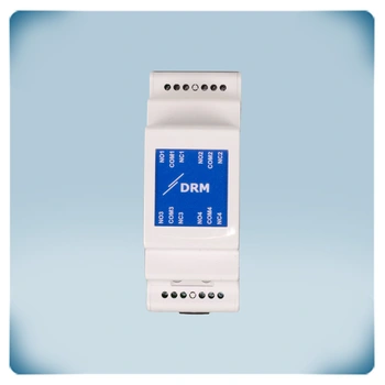 Light grey plastic enclosure with blue front label