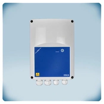 Electronic device in gray plastic enclosure, blue front label