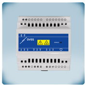 Light grey enclosure for DIN rail with blue front label