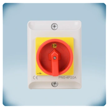 Maintenance and emergency on-off switch in light grey enclosure with red rotary