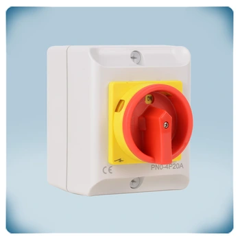 Maintenance and emergency on-off switch in light grey enclosure with red rotary