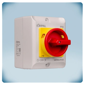 Maintenance and emergency on-off switch in light grey enclosure with red rotary