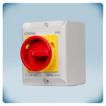 Maintenance and emergency on-off switch in light grey enclosure with red rotary