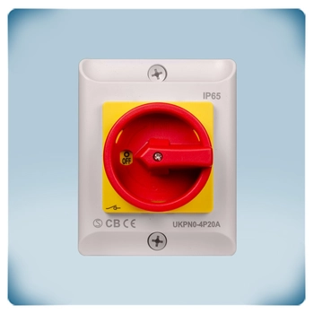 Maintenance and emergency on-off switch in light grey enclosure with red rotary