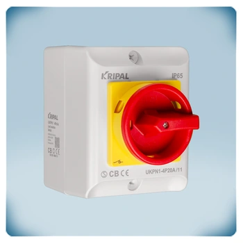 Maintenance and emergency on-off switch in light grey enclosure with red rotary