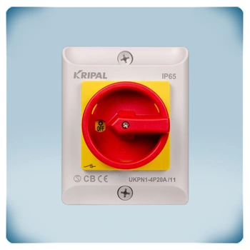 Maintenance and emergency on-off switch in light grey enclosure with red rotary