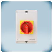 Maintenance and emergency on-off switch in light grey enclosure with red rotary
