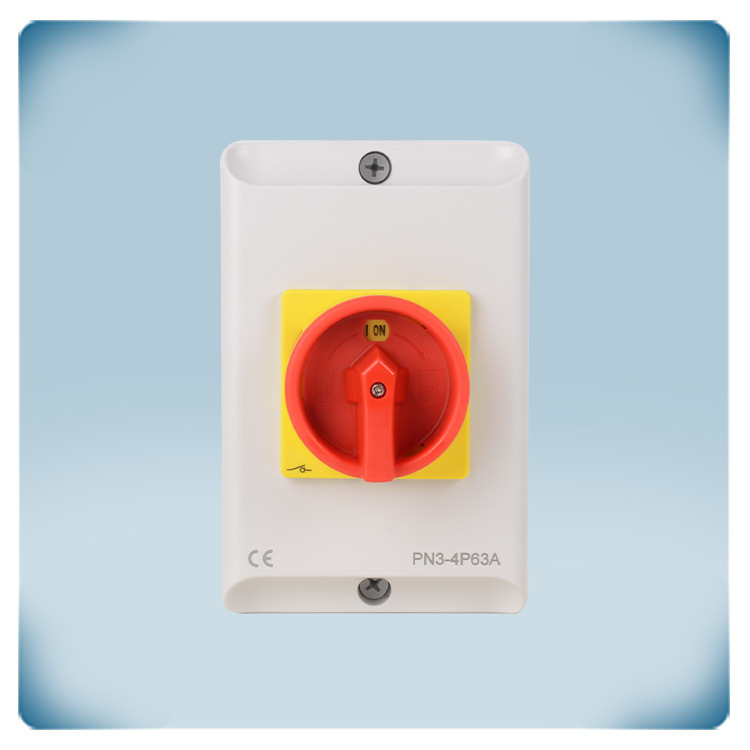 Maintenance and emergency on-off switch in light grey enclosure with red rotary