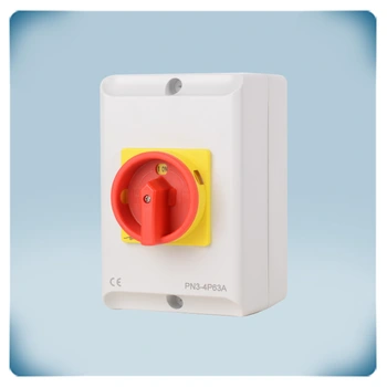 Maintenance and emergency on-off switch in light grey enclosure with red rotary