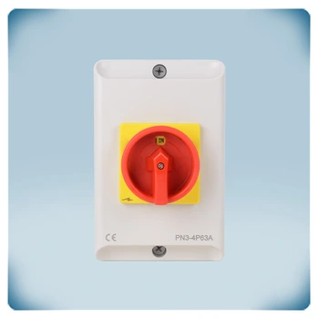 Maintenance and emergency on-off switch in light grey enclosure with red rotary