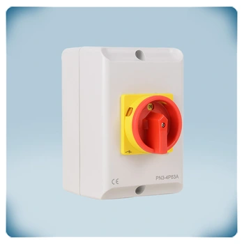 Maintenance and emergency on-off switch in light grey enclosure with red rotary
