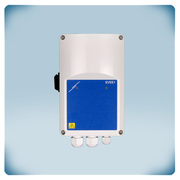 Light grey enclosure for surface mounting, blue front label and cable glands