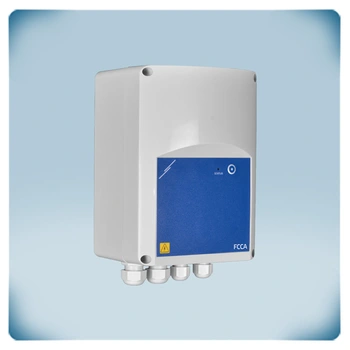 Electronic device in gray plastic enclosure, blue front label