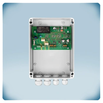 PCB in gray plastic box with 4 cable glands