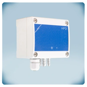 Light grey enclosure, blue front label, cable gland, metal nozzles