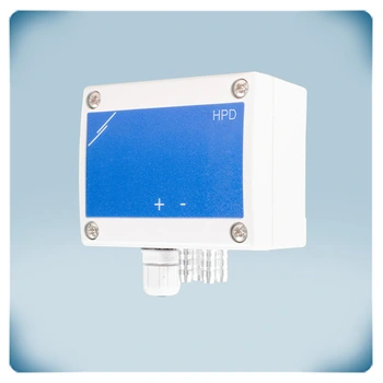 Light grey enclosure, blue front label, cable gland, metal nozzles