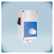 Light grey plastic enclosure blue front label potentiometer and two cable glands