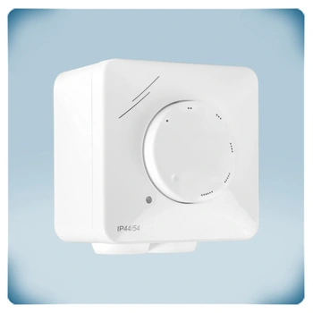 White plastic enclosure with knob LED indicator and print