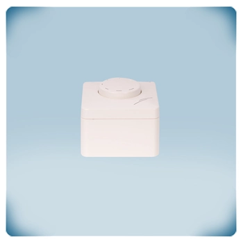 Light grey plastic enclosure with knob LED indicator and print