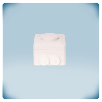 Light grey plastic enclosure with knob LED indicator and print