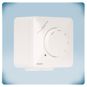 Light grey plastic enclosure with knob LED indicator and print