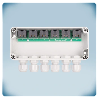 PCB with six RJ45 sockets in plastic enclosure