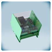 PCB with electronic components in plastic enclosure for DIN rail mounting