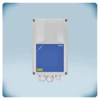 Light grey plastic enclosure blue front label and cable glands